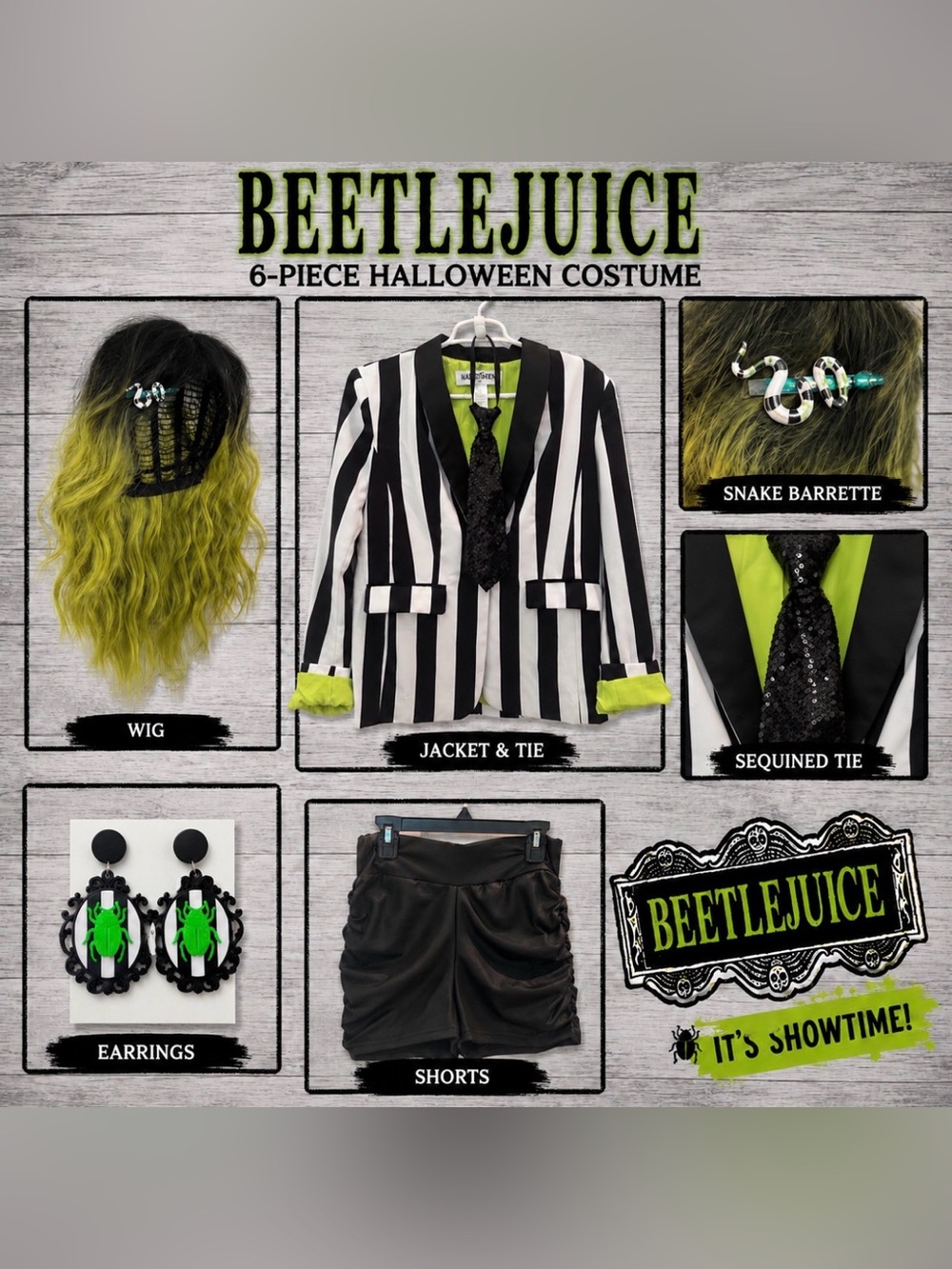 Beetlejuice Costume Bundle 6-Piece Halloween Cosplay Outfit Complete Set - Picture 2 of 13